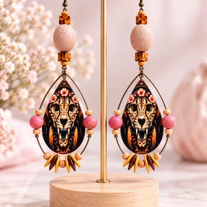 Long boho leopard print earrings, unique – Pink and beige beads, animal print drop earrings
