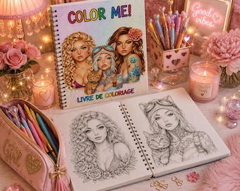 Può includere: Un libro da colorare a spirale intitolato COLOR ME! LIVRE DE COLORIAGE con illustrazioni di tre giovani con varie acconciature e un gatto. Le pagine aperte mostrano disegni al tratto in bianco e nero degli stessi personaggi da colorare.