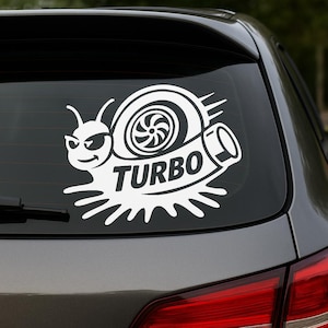 May include: A white vinyl decal of a snail with a turbocharger shell on its back. The snail is wearing sunglasses and the turbocharger has the word "TURBO" written on it.