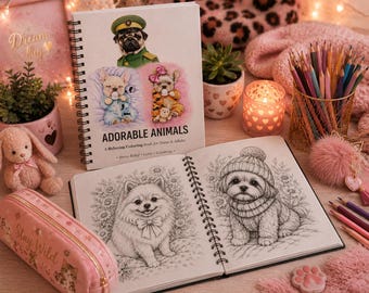 以下が含まれることがあります： 「ADORABLE ANIMALS A Relaxing Coloring Book for Teens & Adults」というタイトルのスパイラル綴じの塗り絵。表紙には軍服を着たパグとパジャマ姿の子犬2匹が描かれています。開いたページには、犬の白黒の線画が印刷されています。