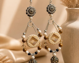 Unique boho chic lightweight earrings, natural stones and glass beads, elegant handmade jewelry, earring, gift