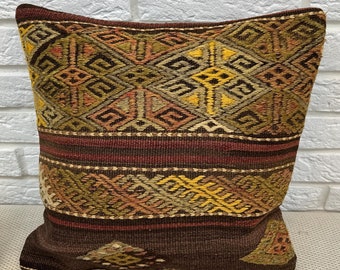 Handwoven Kilim Pillow, 16x16" Turkish Kilim Pillow, Vintage Kilim Pillow, Boho Kilim Pillow, Home Decor, Pillow Cover, Cushion Cover
