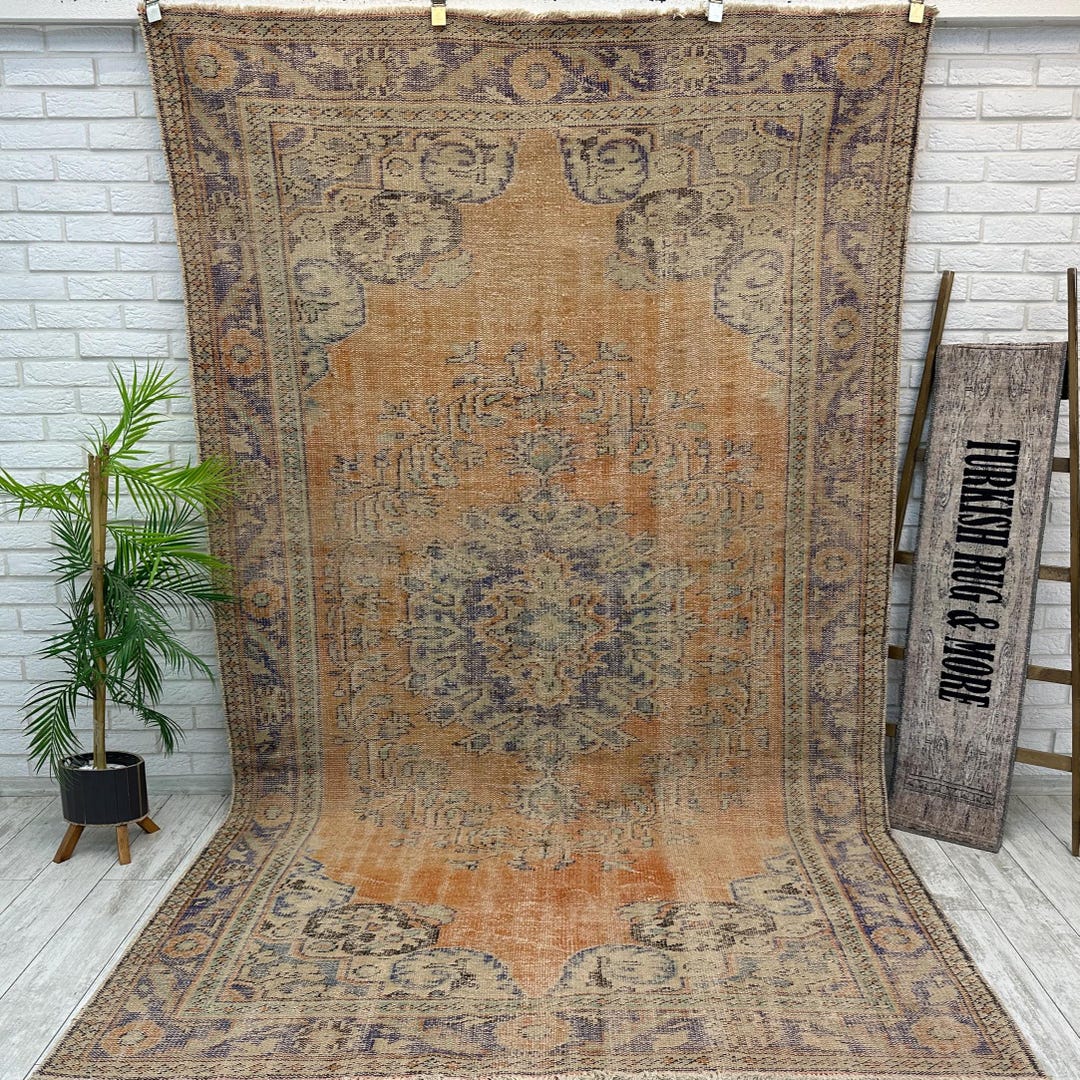 Vintage Turkish Oushak Area Rug, Muted Terracotta and Blue, Hand