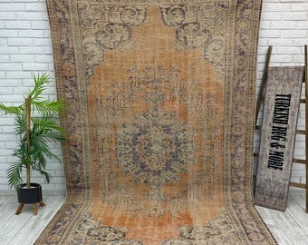 Vintage Turkish Oushak Area Rug, Muted Terracotta and Blue, Hand
