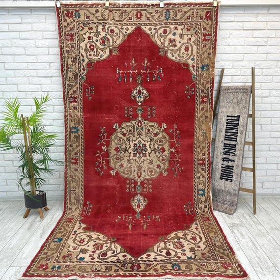Roter türkischer Teppich, 150x300 Ästhetischer Teppich, Vintage Teppich, Handgemachter Teppich, Antiker Teppich, Wohnzimmerteppich, Oushak Teppich, 150x250