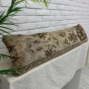 Extra Long Lumbar Kilim Pillow, 12x48 Distressed Turkish Rug Pillow Cover, Vintage Oushak Body Pillow, Neutral Farmhouse Decor For Bed