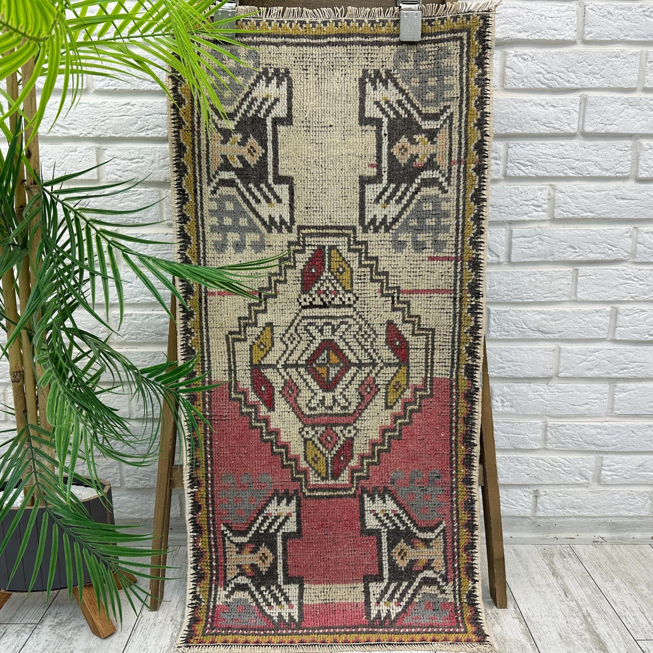 1x3 Turkish Decor Rug, Small Wool Rug, Kitchen Rug, Small Antique