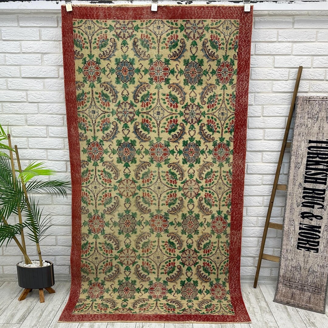 3x6 Green Floral Vintage Rug, 3x6 Handmade Oushak Rug, Oriental Rug ...
