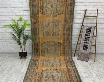 Pink Handmade Rug, 4x11 Turkish Rug, Wool Rug, Aztec Rug, Bohemian Rug, Farmhouse Rug, Hallway Rug, Green Bedroom Rug