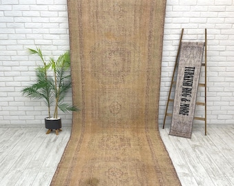 Handmade Runner Rug 4x11, Wide Runner Rug, 4x11 Wool Turkish Runner Rug, Handmade Oushak Rug Runner, Vintage Runner Rug, Hallway Rug 4x11ft