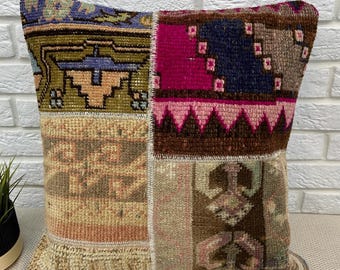 Vintage Bohemian Pillow Cover 20x20", Handmade Rug Pillow Cover, Boho Decorative Pillow Cover, Kilim Cushions, Ethnic Pillow, Kilim Pillow