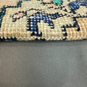 May include: Close-up of a section of a rug with a grey backing. The rug's top layer features a detailed, woven pattern in shades of blue, beige, green, and pink. The texture of the rug is visible, showcasing the intricate design.