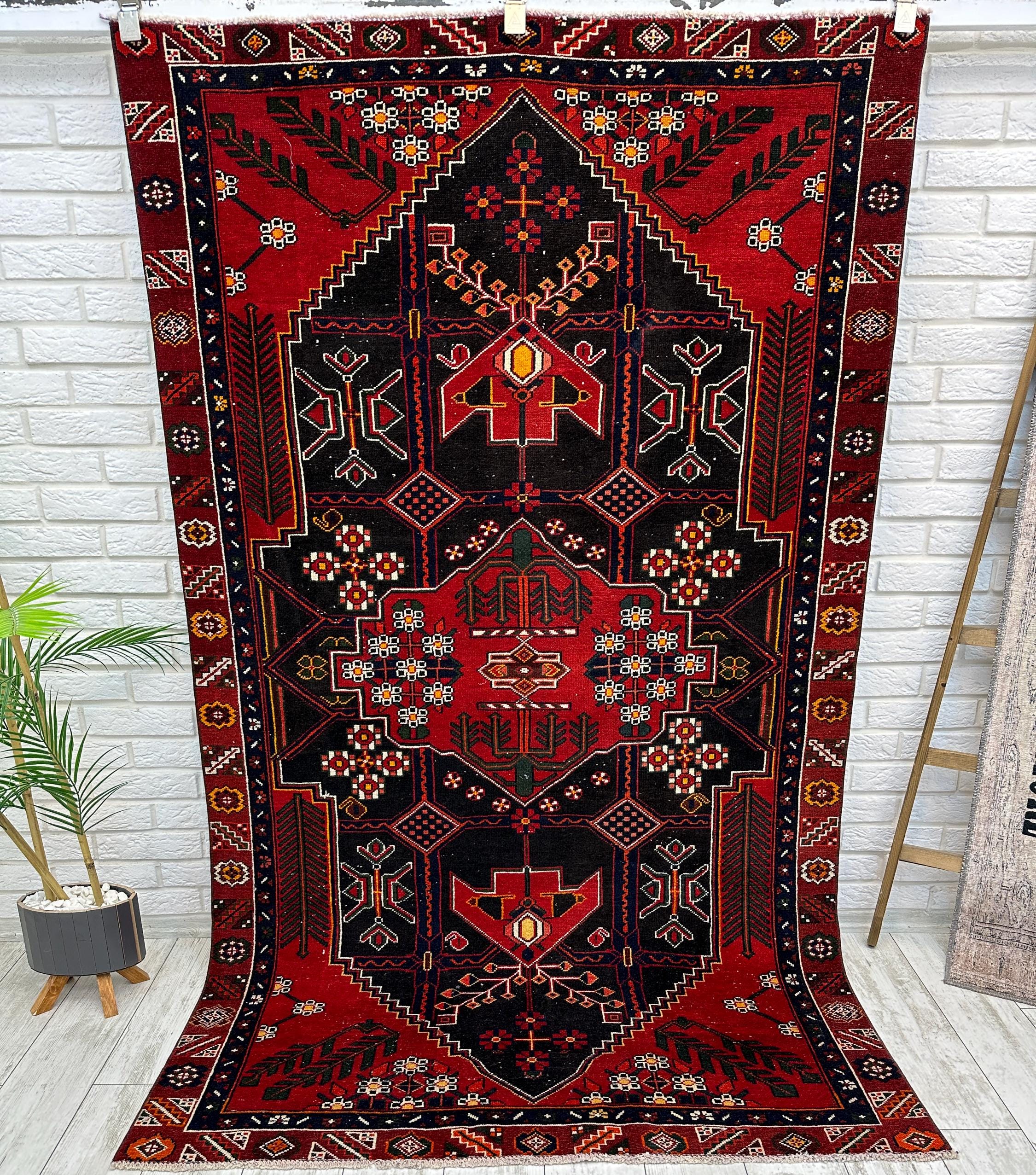 4x7 Vintage Turkish Wool Rug, Red Bohemian Farmhouse Decor Rug