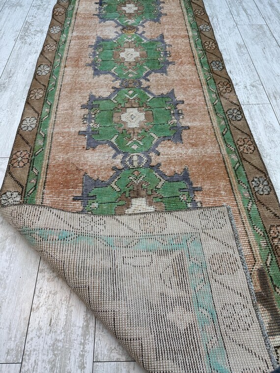 2x8 Handmade Turkish Rug, 2x8 Green Rug , Vintage Rug, Aztec Rug