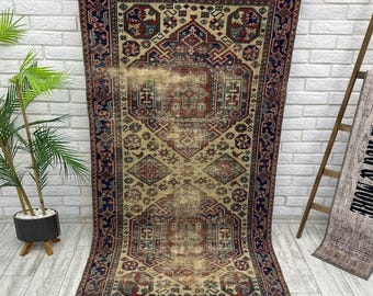 Vintage Runner Rug 3x6, Hallway Runner Rug, Aesthetic Rug, Distressed Turkish Rug, Bohemian Rug, Oushak Wool Rug,Pink Area Rug 3.4x6.5 ft