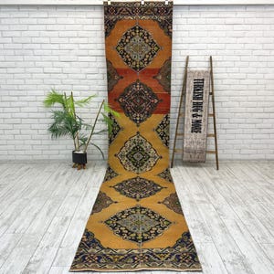 Vintage Rug 3x13, Handmade Rug, Turkish Runner, Hallway Soft Runner Rug, Oushak Runner 3x13,Entry Rug, Handmade Runner,Runner Rug 2.7x12.7ft