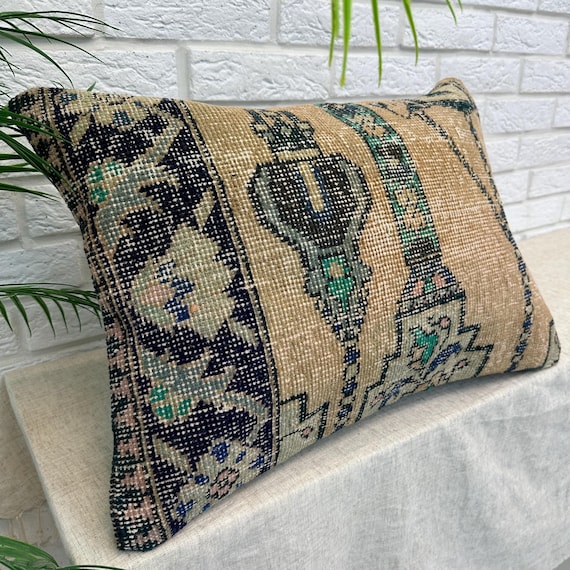 Vintage Pillow Cover, 16x24 Rug Cushion, Decor Pillow, Handknotted Pillow, Rug Cushion, Turkish Rug Pillow,Rug Pillow,Red Blue Accent Pillow