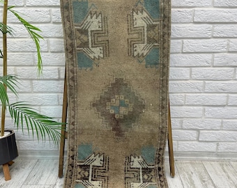 1x3 Turkish Bathroom Rug, Bohemian Rug, 1x3 Small Kitchen Rug, 1x3 Doormat Rug, Blue Green Rug, Vintage Small Rug, Oushak Rug, 1.6x3.7 ft