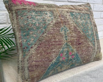 Funda de almohada vintage, cojín de alfombra de 16x24, almohada decorativa, almohada anudada a mano, cojín de alfombra, almohada de alfombra turca, almohada de alfombra, almohada decorativa roja y azul
