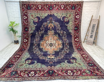 9 x 13 vintage extra groot vloerkleed, Turks tapijt met bloemenmedaillon, verweerd roodbeige wollen tapijt, extra groot vloerkleed voor woonkamer 9,6 x 13 ft