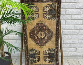 Türkischer Mini Teppich, Türteppich, Badematte, Wollteppich, Vintage Fußmatte, Oushak Türmatte, 1x3 Fußmatte, Anatolischer Teppich 40 x 100 cm