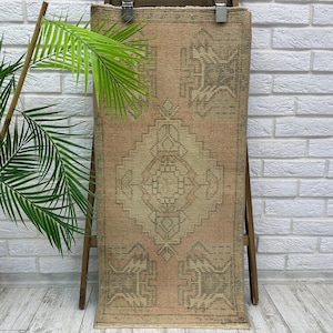 1x3 Fußteppich, Kleiner Vintage Kelim Teppich, 1x3 Oushak Teppich, Kleiner Türkischer Teppich, Türmatte, Kelim Teppich, 40x100 cm