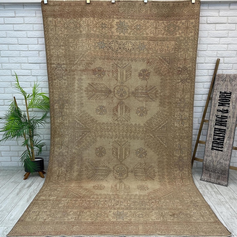 Tappeto rosa da fattoria 5x9, tappeto vintage fatto a mano, tappeto turco Oushak, tappeto grande, tappeto orientale da soggiorno, tappeto rettangolare in lana 5,7x9 piedi immagine 1