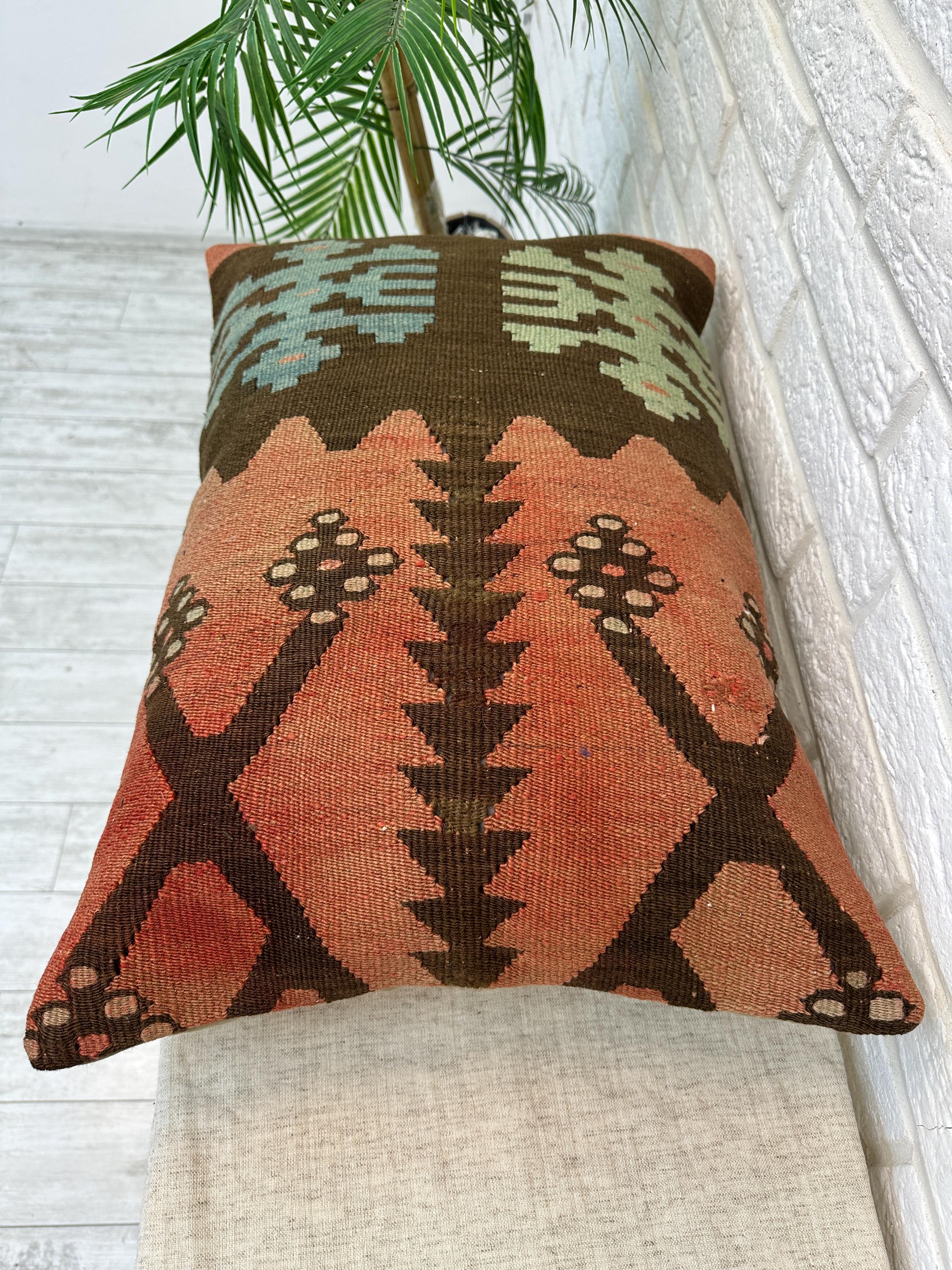 Handwoven Kilim Lumbar Pillow Cover, Tribal Geometric Wool Throw Pillow ...
