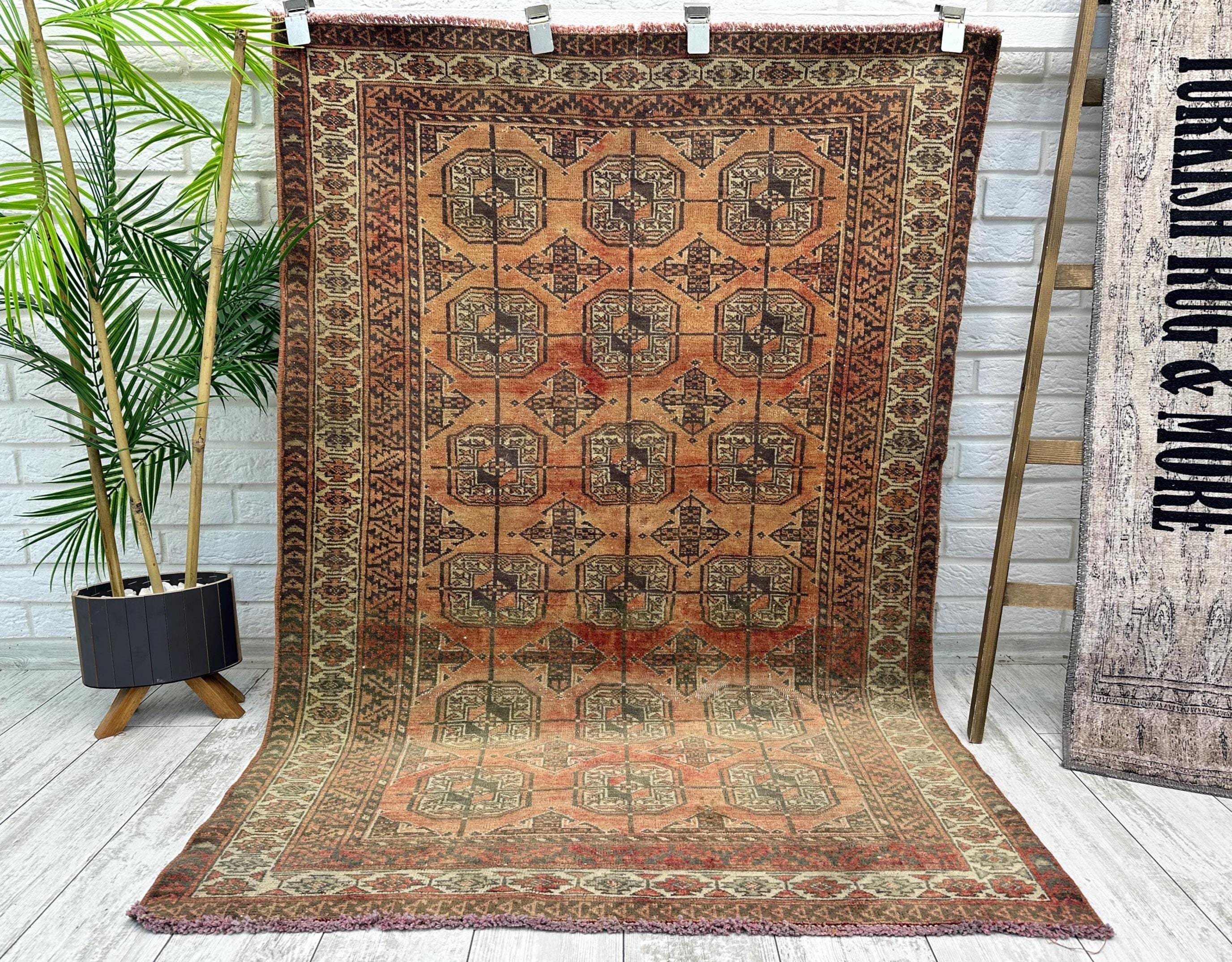 Vintage Orange Afghan Rug 3x5, 4x5 Persian Area Rug, Handmade Turkish Rug, Antique Rug For Living Room, Moroccan Rug, Luxury Rug 3.5x5.2ft