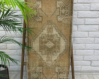 1x3 Rug, Bath Mat Rug, Small Area Rug, 1x3 Turkish Rug, 1x3 Vintage Rug, Oushak Rug, Handmade Rug, Wool Rug, Housewarming Gift, Boho Rug
