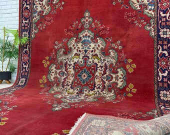 8x12 Large Red Floral Rug, Vintage Turkish Rug, Large Wool Area