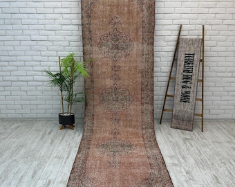 Pink Runner Rug 3x11ft, Handmade Turkish Runner Rug, Aztec Rug, Vintage Rug, Corridor Rug, Entryway Rug, Kitchen Rug, Area Wool Rug 3.2x11ft