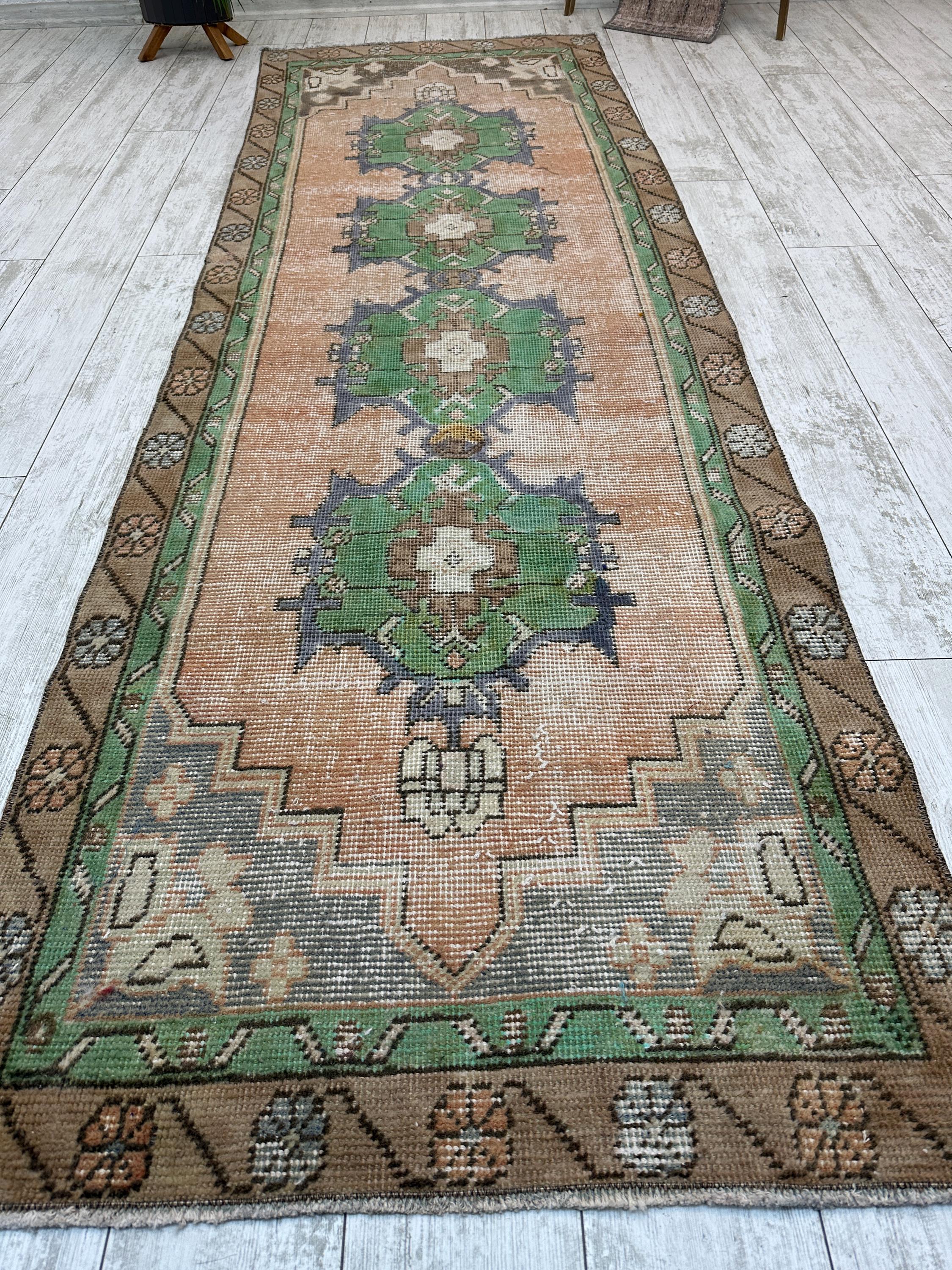 2x8 Handmade Turkish Rug, 2x8 Green Rug , Vintage Rug, Aztec Rug