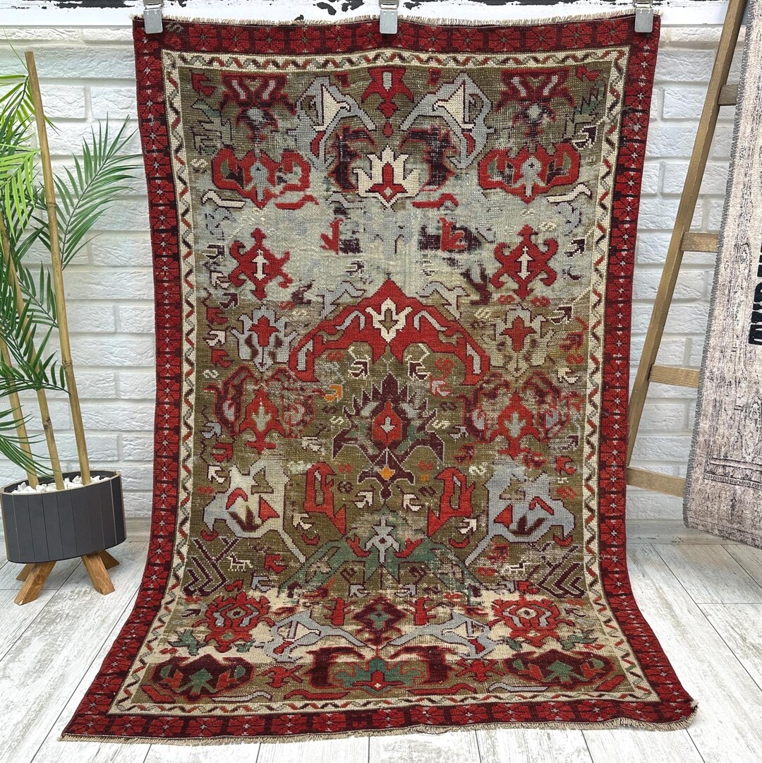 3x5 Vintage Kitchen Rug, Red Turkish Wool Area Rug, Bohemian Farmhouse ...