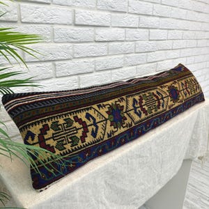 Handmade Patchwork Pillow 12x48", Wool Vintage Turkish Rug Lumbar Cushion, Boho Chic Long Pillow, Sofa or Bed Decor Case, Rug Pillow