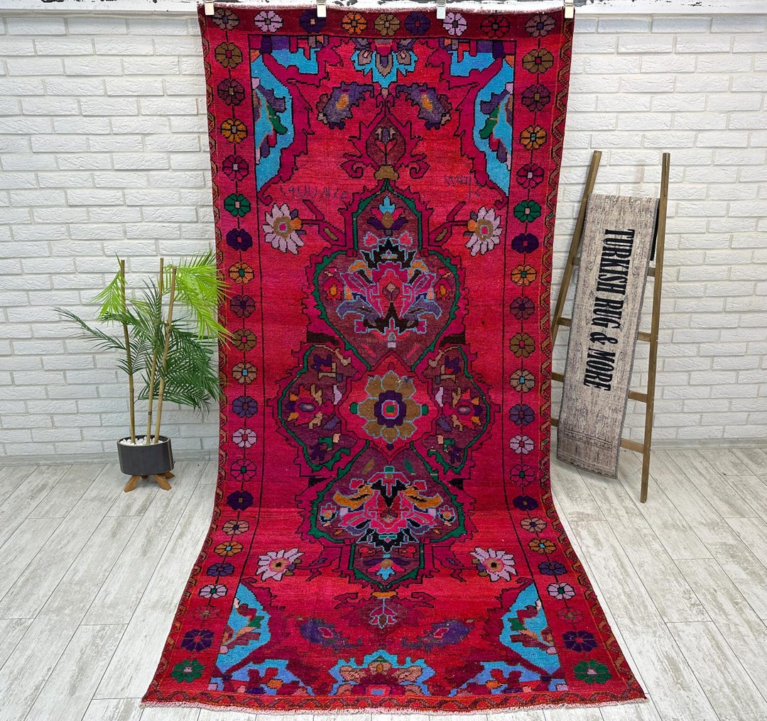 5x10 Vintage Red Purple Rug, Handmade Area Rug, Antique Floral Rug