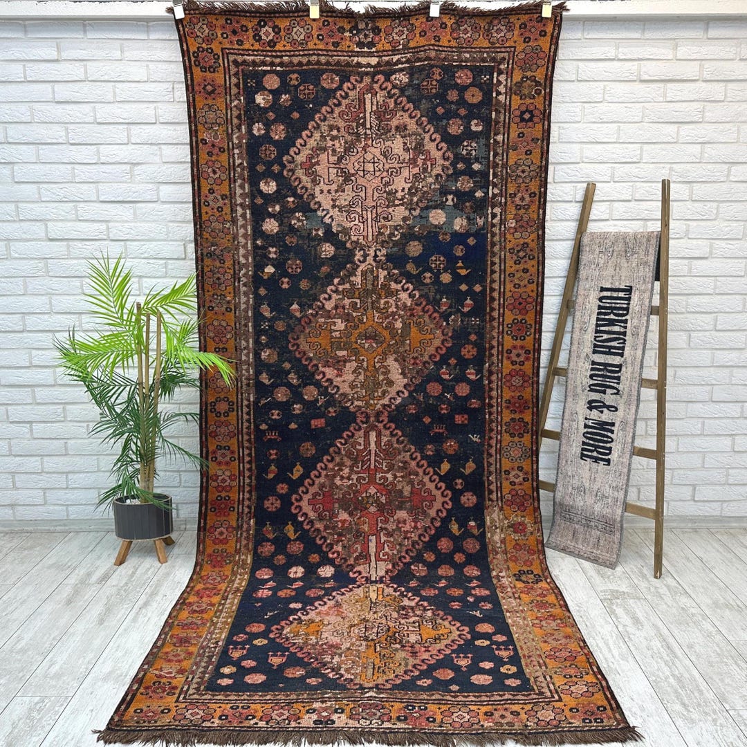 100 Years Old Rug, Vintage Antique Distressed Rug 4x10, Geometric ...