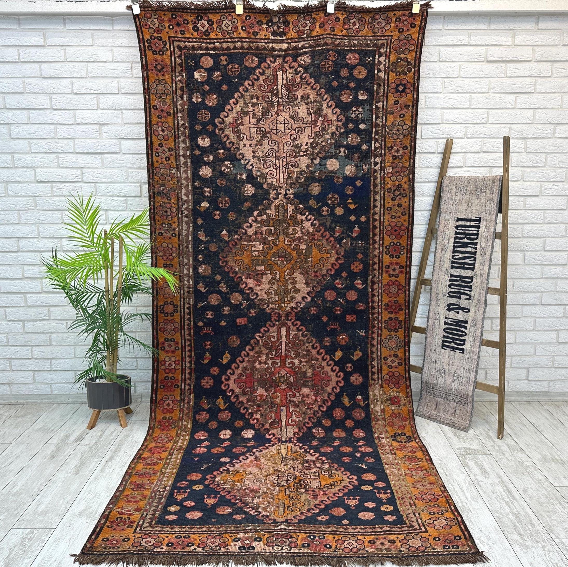 100 Years Old Rug, Vintage Antique Distressed Rug 4x10, Geometric
