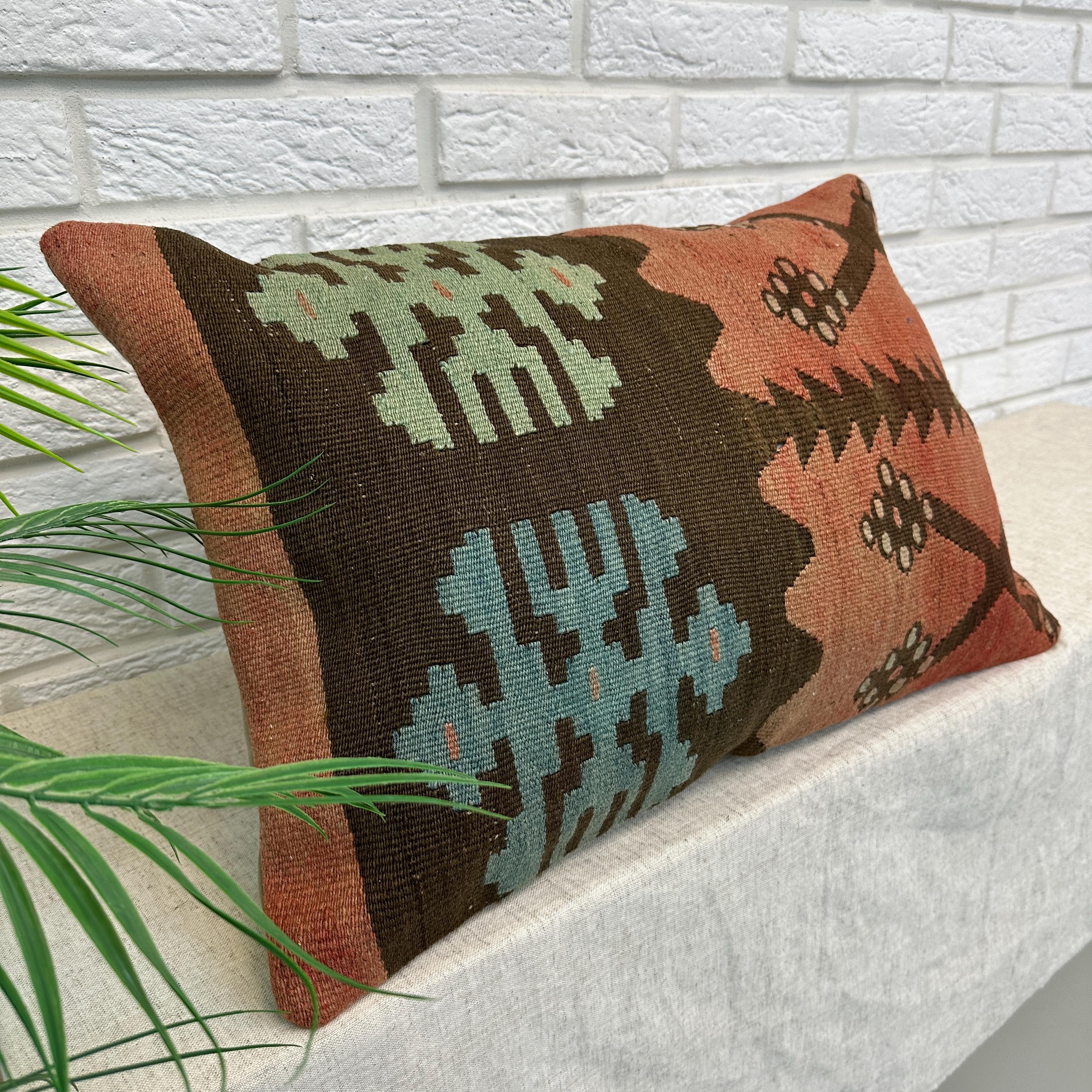 Handwoven Kilim Lumbar Pillow Cover, Tribal Geometric Wool Throw Pillow ...
