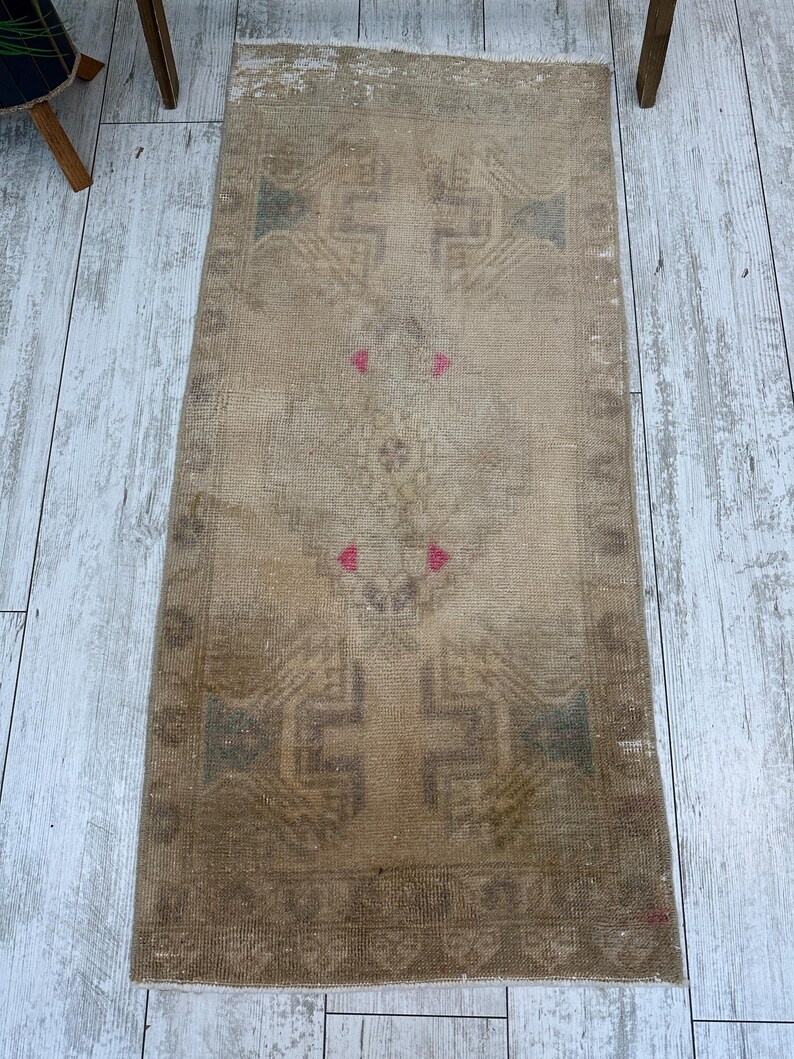 Kleiner Vintage Türteppich, Türteppich, Handgemachter Teppich Küchenteppich, Wollteppich, Handgeknüpfter Wollteppich, 1x3 Fußteppich Bild 4