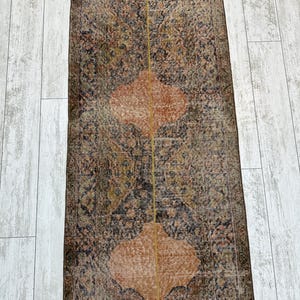 May include: A long, narrow rectangular runner rug featuring a repeating pattern of large, rounded, peach-colored medallions centered along a vertical axis. The background is filled with intricate, dark, muted floral and geometric motifs.