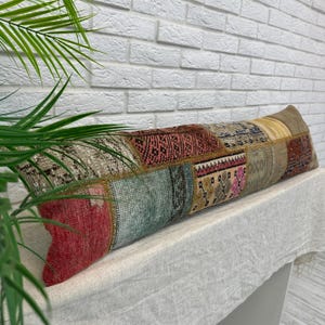 Housse de coussin en patchwork kilim vintage faite main 12 x 48", coussin lombaire tapis turc, oreiller de canapé long bohème chic pour la décoration intérieure, oreiller vintage