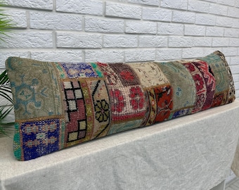 Extra Long Lumbar Kilim Pillow, 12x48 Distressed Turkish Rug Pillow Cover, Vintage Oushak Body Pillow, Neutral Farmhouse Decor For Bed