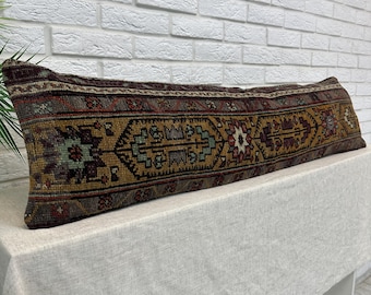 Vintage Kilim Bolster Pillow, 12x48 Handmade Wool Lumbar Cushion for Sofa or Bed Decor, Bohemian Pillow Case