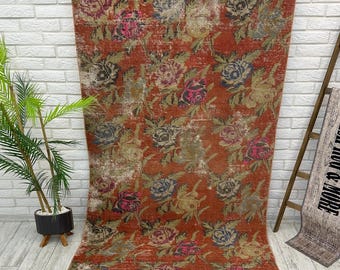 Alfombra floral turca, hecha a mano, para sala de estar, salón, azteca, tribal, antigua, desgastada para entrada, 1,1 x 2,0 m