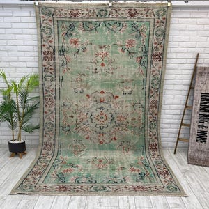 5x9 Handmade Green Vintage Rug, 5x9 Oushak Rug, Vintage Rug,Handmade Area Rug, Ethnic Oushak Rug, Vintage Rug, Entryway Mat, 5.8x9.3 ft