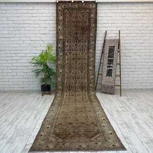 Long Neutral Anatolian Runner, Vintage Herati Turkish Wool Rug, Faded Tan 3 × 12.6 ft