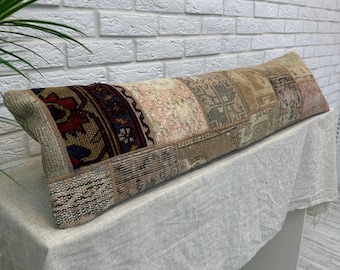 Beige Long Pillow Case, Vintage Turkish Rug Cushion, Big Size Rustic Pillow Case, Sofa or Bedroom Decor, Home Decor Pillow Cover