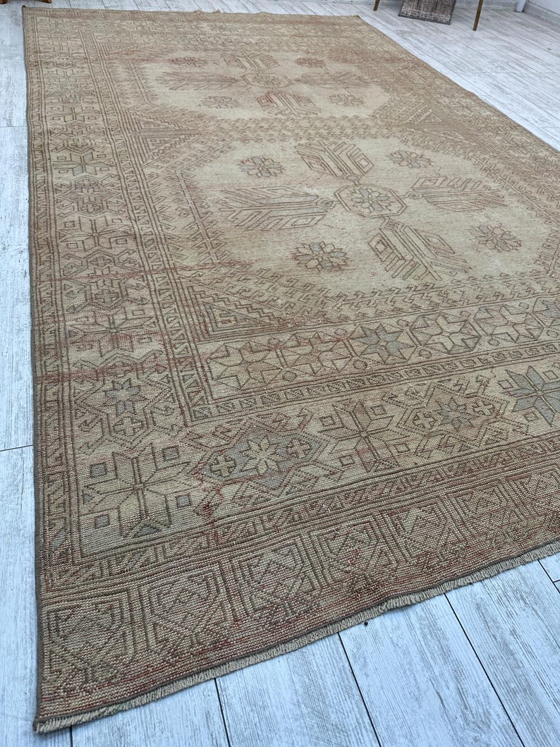 Tappeto rosa da fattoria 5x9, tappeto vintage fatto a mano, tappeto turco Oushak, tappeto grande, tappeto orientale da soggiorno, tappeto rettangolare in lana 5,7x9 piedi immagine 2