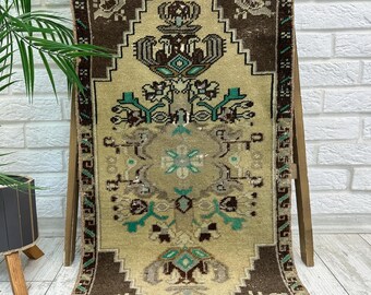 1x3 Turkish Bathroom Rug, Bohemian Rug, 1x3 Small Kitchen Rug, 1x3 Doormat Rug, Blue Green Rug, Vintage Small Rug, Oushak Rug, 1.6x3 ft